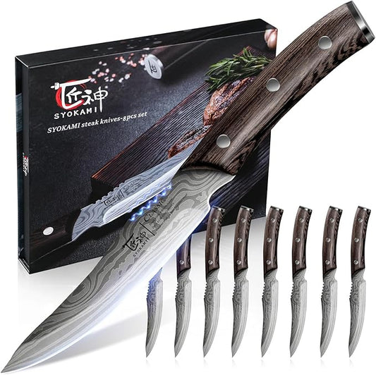 Steak Knives Set of 8, 4.8 Inch Carbon Steel Japanese Style Non Serrated Dinner knives with Wooden Handle, Damascus Pattern Full Tang Design, Housewarming Holiday Cooking Gifts