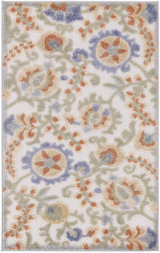 Nourison Home Aloha Ivory Blue 2'8" x 4' Area Rug - Easy Clean, Non Shedding, Bed Room, Living Room, Dining Room, Kitchen (3' x 4')