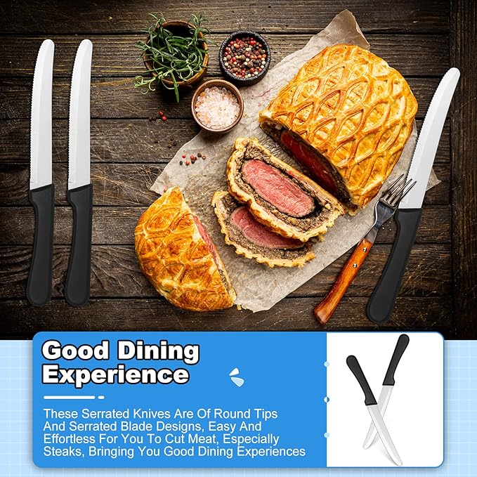 Geelin 50 Pieces 8.5 Inch Rounded Serrated Blade Steak Knives Stainless Steel Round Tip Blade Steak Knife with Plastic Handle for Kitchen Butter Cutlery Restaurant(Black)