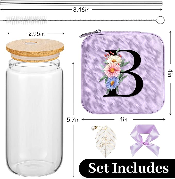 AYGXU Travel Must-Have Gifts,travel jewelry case organizer,small jewelry travel case,Cute Tumbler Cup,16oz bamboo lids for glass cups,teacher appreciation gifts for women,Initial B purple