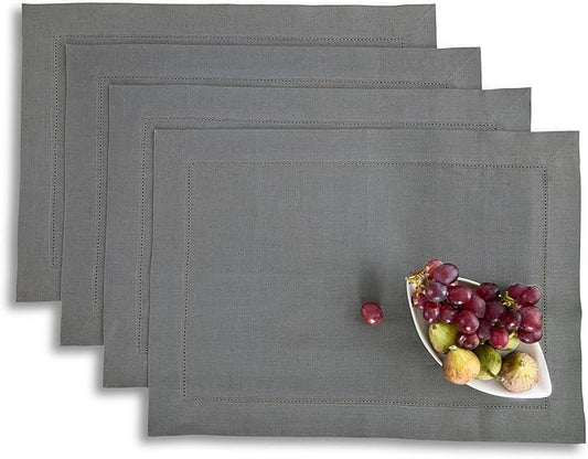 Solino Home Linen Cloth Placemats Set of 4-100% Pure Linen Hemstitch Steel Gray Placemats 14 x 19 Inch - Classic Hemstitch Table Place Mats