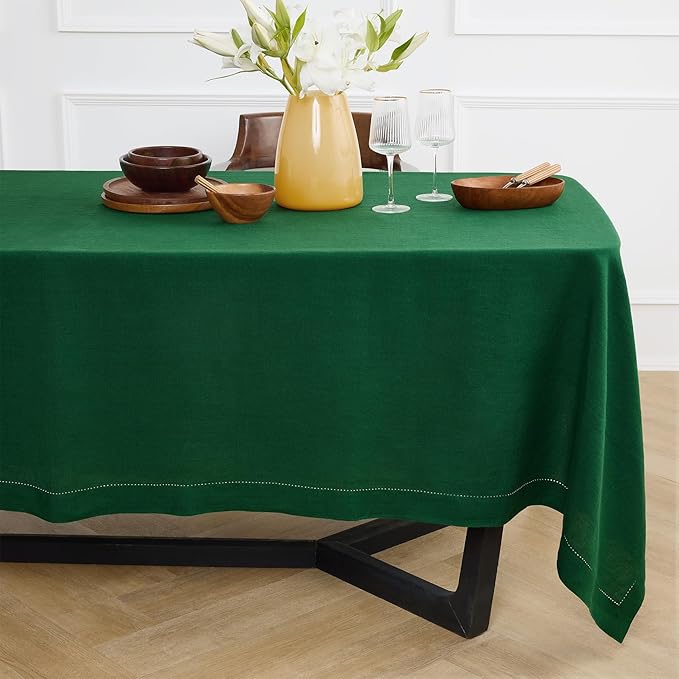 Solino Home Linen Green Tablecloth 70 x 70 Inch - Sonoma Hemstitch, 100% Pure Linen Square Tablecloth - Machine Washable Table Cloth for New Year