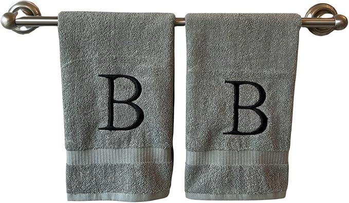 Gray Initial Hand Towel for Bathroom - Monogrammed Luxury Hotel Quality Decorative Embroidered Towel for Powder Room, Spa - GOTS Organic Certified - Set of 2 Black Letter B