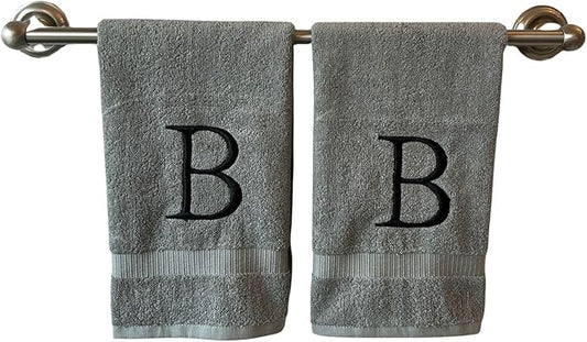 Gray Initial Hand Towel for Bathroom - Monogrammed Luxury Hotel Quality Decorative Embroidered Towel for Powder Room, Spa - GOTS Organic Certified - Set of 2 Black Letter B