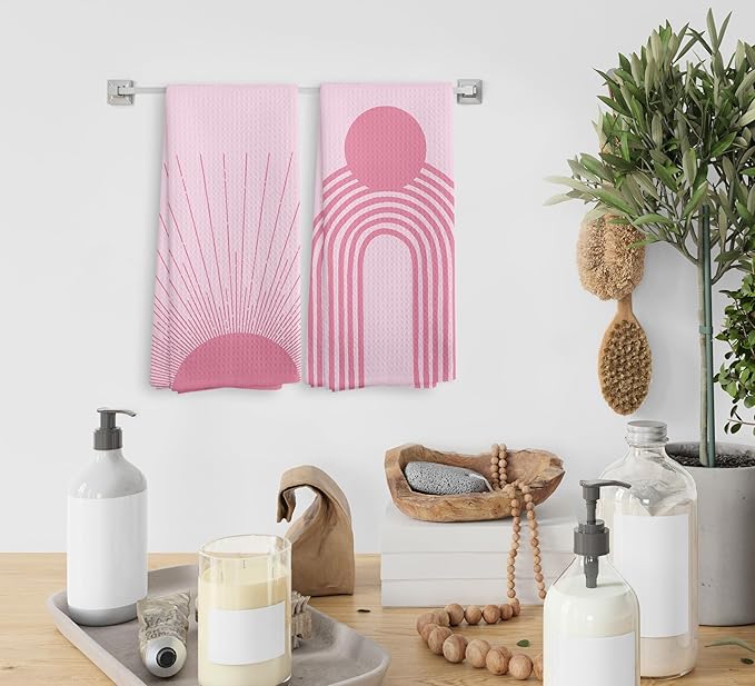 Pink Abstract Sunrise Kitchen Towels Set of 2, Bohemian Sun Hand Towels, Preppy Kitchen Towels, Sunshine Gifts, Pink Moon Drying Cloth Hand Towels for Girls Bathroom Kitchen Decor, 16×24 Inches