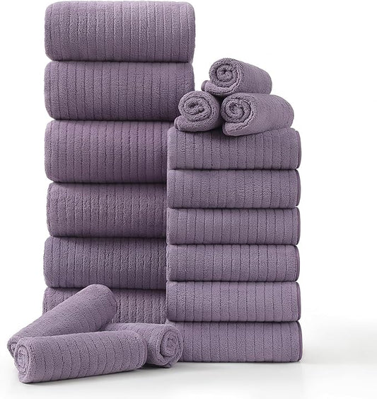 18 Piece Family Bath Towel Set Include 6 Bath Towels,6 Hand Towels and 6 Washcloths Soft Bathroom Towel with Hanging Loops,Highly Absorbent Quick Dry Towels Set for Bathroom,Hotel and Spa-Dark Purple