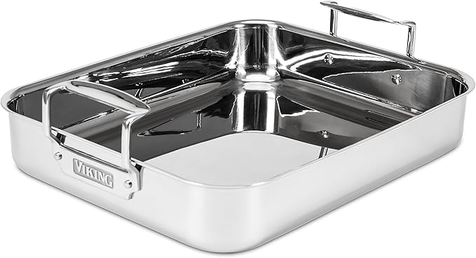Viking 3-Ply Stainless Steel Roasting Pan with Non Stick Rack, 16 x 13 Inch Kitchen Cookware, Great for Turkey, Dishwasher and Oven Safe, Induction Ready, Silver