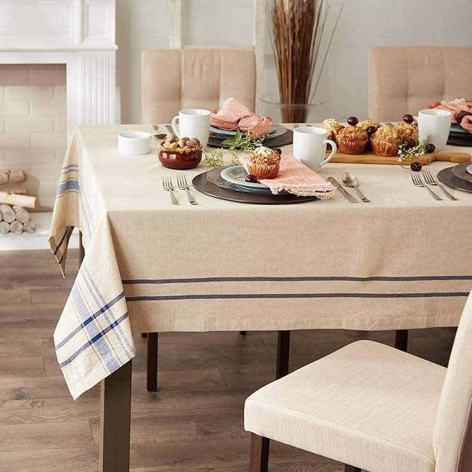 DII French Stripe Dining Table Collection Farmhouse Style Tablecloth, 60x84 Inches, Taupe/Blue