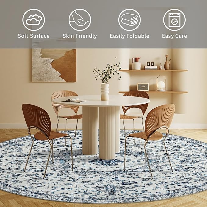 Easy-Going Round Rug 5ft Area Rug Washable Boho Circle Rugs for Living Room Non-Slip Bedroom Rug Low Pile Lightweight Floral Print Vintage Throw Rug for Dining Room Kitchen Home Office, Blue Cream