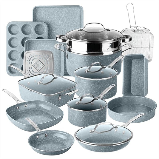 Granitestone Ceraluxe 20 Pc Ceramic Cookware Set Nonstick, Complete Pots and Pans Set Non Stick with 5 Pc Bakeware Set, Deep Frying Pan Set, & Steamer, Non Toxic PFOA Free, Oven & Dishwasher Safe