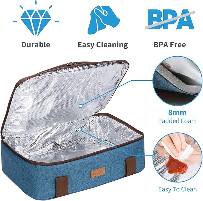 LHZK Double Decker Insulated Casserole Carrier for Hot or Cold Food, Expandable Hot Food Carrier, Lasagna Holder Tote for Potluck Parties, Picnic, Beach, Fits 11 x 15 or 9 x 13 Baking Dish (Blue)