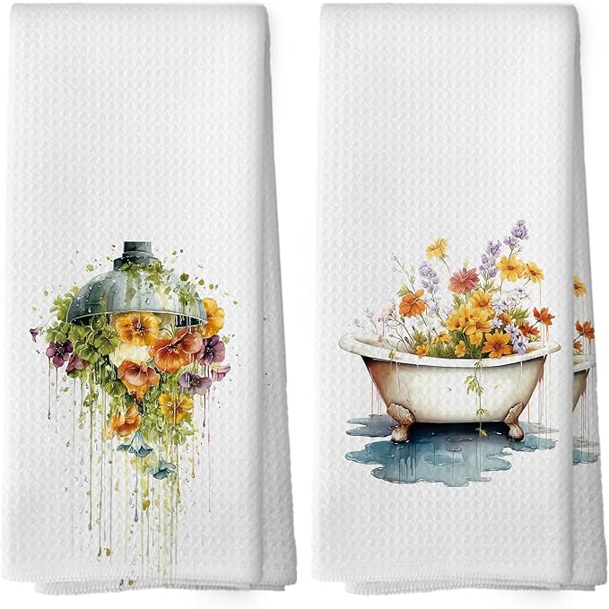 Botanical Bathroom Towels Set of 2, Floral Bathroom Cottagecore Hand Towel, Flower Bathtub Shower Room Washroom Restroom Decorative Tea Towel Dish Towels 16x24 Inch