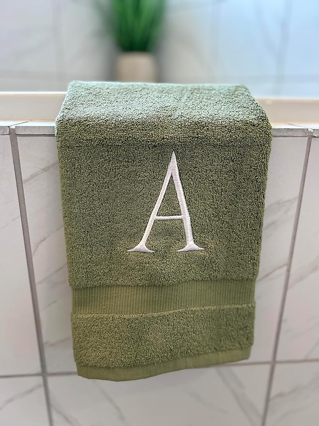 Sage Initial Hand Towel for Bathroom - Monogrammed Luxury Hotel Quality Decorative Embroidered Towel for Powder Room, Spa - GOTS Organic Certified - Set of 2 Letter S