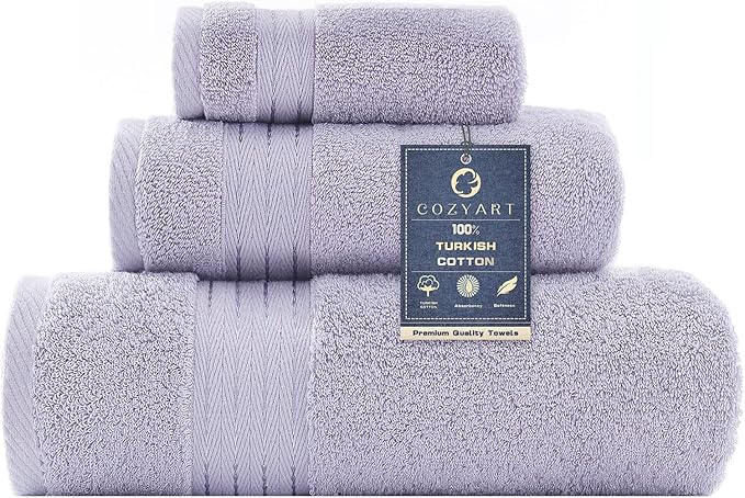 COZYART Lavender Luxury Bath Towels Set 3, Turkish Cotton Hotel Large Towels Bulk for Bathroom, Thick Bathroom Set of 3 with 1 Bath Towel, 1 Hand Towel, 1 Washcloths, 650 GSM.