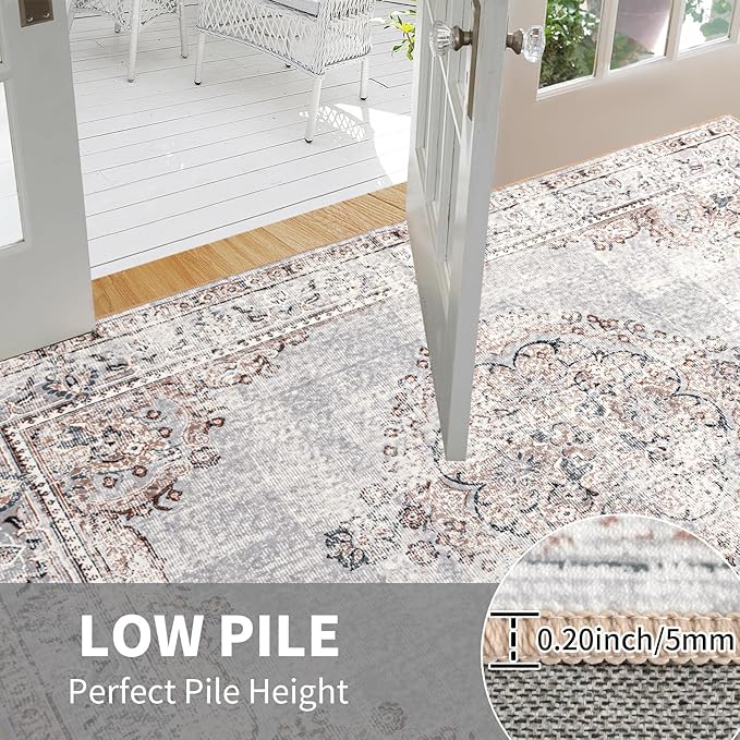 Easy-Going Area Rug 5x7 Washable Boho Rugs for Living Room Non-Slip Bedroom Rug Low Pile Lightweight Vintage Distressed Throw Rug for Dining Room Kitchen Home Office Carpet, Grey Brick