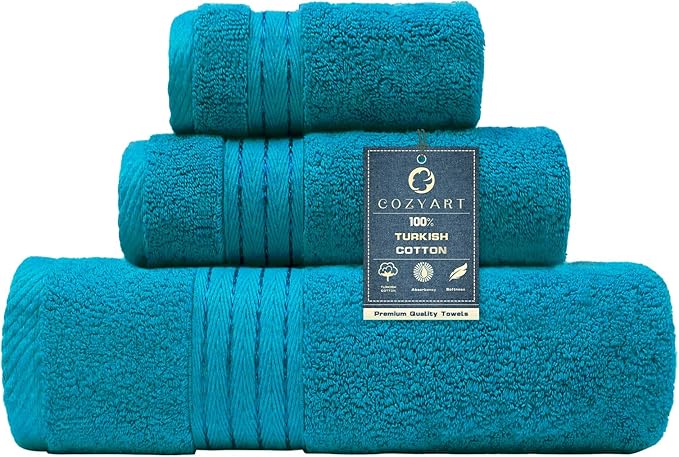 COZYART Luxury Teal Bath Towels Set, Cotton Hotel Large Towels for Bathroom, Thick Bathroom Set of 3 with 1 Bath Towel, 1 Hand Towel, 1 Washcloth, 650 GSM