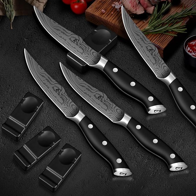 Steak Knives Set of 6, 4.8 Inch Non Serrated Razor-Sharp Durable Dinner knives with Rest, German Stainless Steel Damascus Pattern Full Tang Forged, Rust Resistant & Easy to Maintain