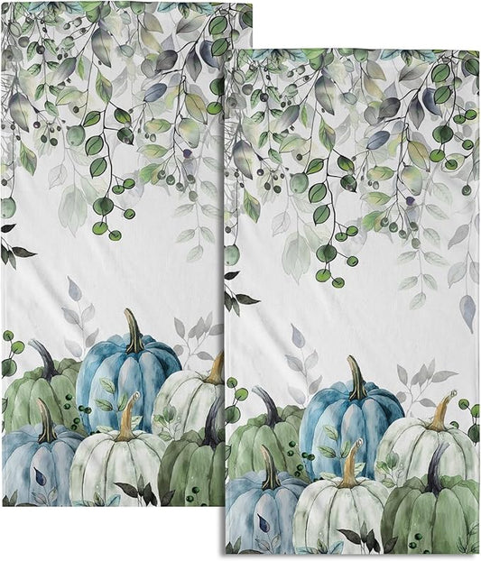 Imiss Autumn Leaves Hand Towels 14.4 x 28.3 Inch Set of 2 Blue Pumpkin Fall Thanksgiving Bathroom Towel Soft Absorbent Tea Towel Drying Baking Towels for Kitchen Hotel Spa Gym
