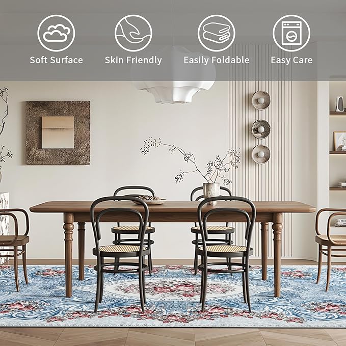 Easy-Going Area Rug 6x9 Washable Floral Rugs for Living Room Non-Slip Bedroom Rug Low Pile Lightweight Retro Flowers Throw Rug for Dining Room Kitchen Home Office Carpet, Teal Red