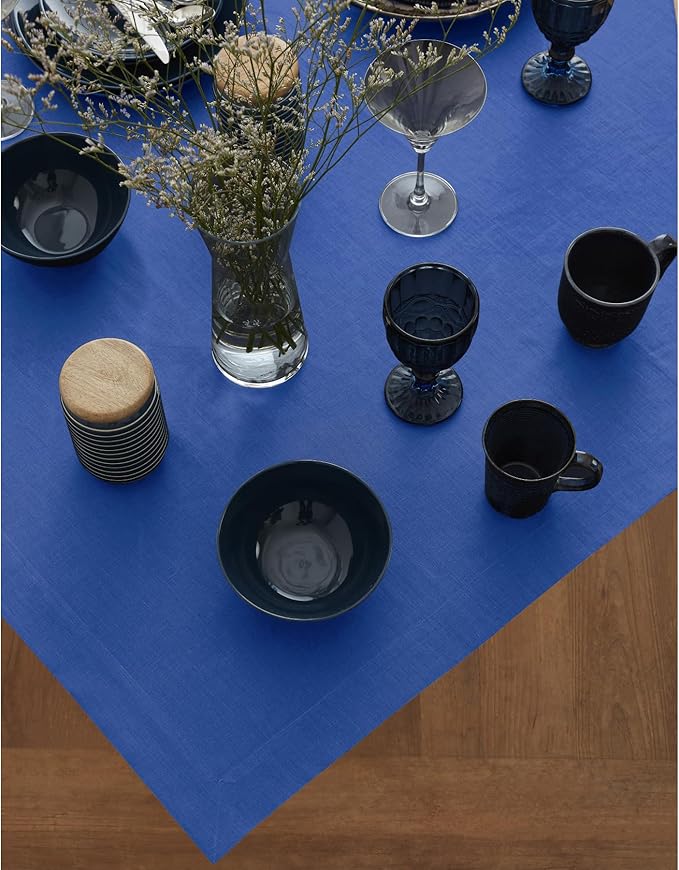 Solino Home Linen Square Tablecloth 52 x 52 Inch - 100% Pure Linen Royal Blue Table Throw - Fete, Machine Washable Table Cloth for New Year