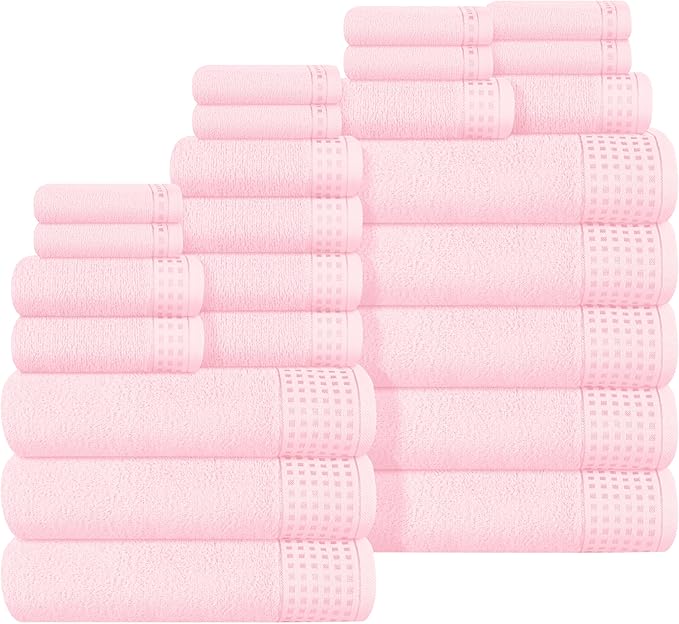 GLAMBURG Towels for Bathroom, 100% Cotton Towel Set, Contains 8 Soft Bath Towel, 8 Hand Towels, 8 Wash Cloths - Compact Absorbent Lightweight & Quickdry - 24 Piece Bathroom Towel Set - Pink