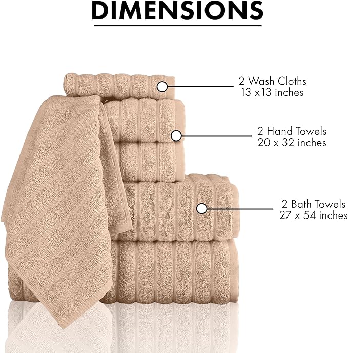 Classic Turkish Towels CTT Luxury 6 Piece Towel Set, 100% Turkish Cotton, Quick Drying, Highly Absorbent & Comfy, Includes 2 Bath Towels, 2 Hand Towels & 2 Washcloths | (Almond Beige)