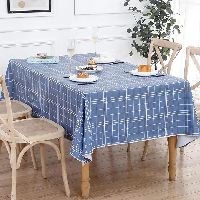 Heavy Duty Vinyl Tablecloth with Flannel Backing Waterproof Oil-Proof Plastic Table Cloth Stain-Resistant Wipeable Rectangle or Square Table Cover for Indoor and Outdoor (Blue Grid，60x102 Inch)