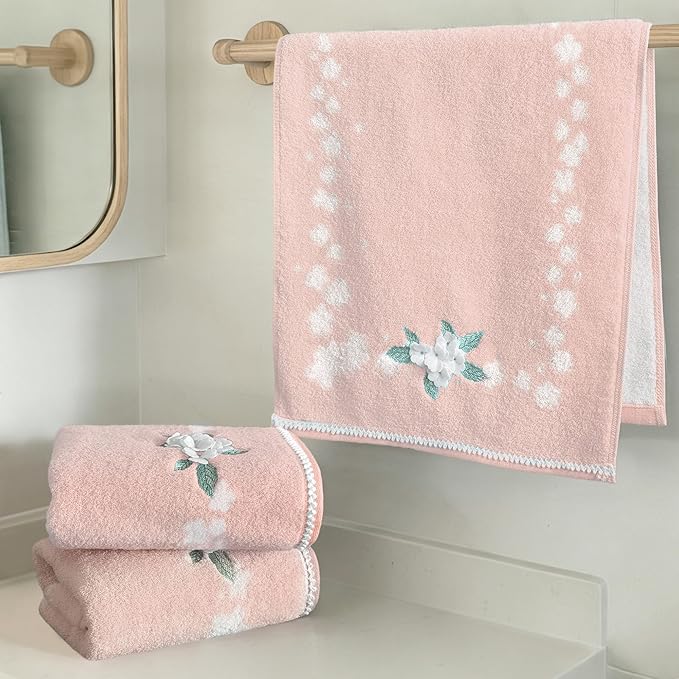 VOOVA & MOVAS Pink Hand Towels Set of 3, 14"x28" - 100% Cotton | Quick Dry | Soft | Absorbent | Lightweight, Flower Hand Towels for Bathroom & Guest, Luxury Towel Set for Showering, Pink