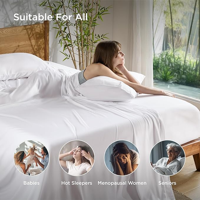Bedsure California King Sheet Sets, Cooling Sheets, Rayon Derived from Bamboo, Deep Pocket Up to 16", Breathable & Soft, Hotel Luxury Silky Bedding for Hot Sleepers, White