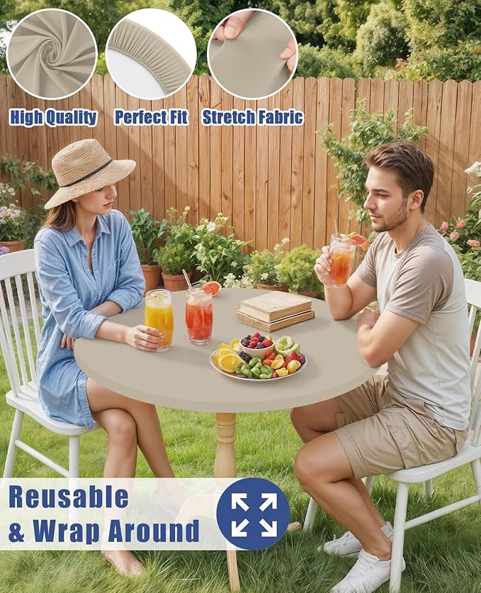 Round Spandex Tablecloth, Elastic Fitted Waterproof Tablecloths for 36"-44" Tables, Stretch Washable Picnic Table Cover for Camping, Dining, Indoor and Outdoor, Taupe
