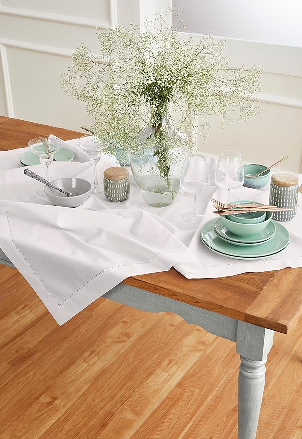 Solino Home White Tablecloth 52 x 52 Inch - Cotton Linen Hemstitch Square Tablecloth - Machine Washable Table Throw for Winter, Valentines, Holiday, New Year