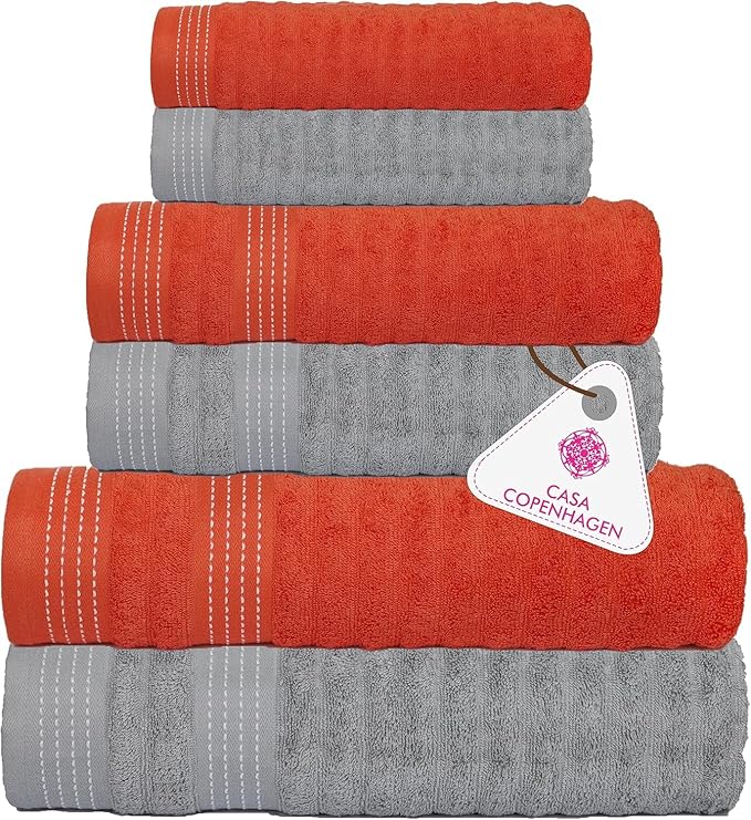 CASA COPENHAGEN Elegance 6 Pieces Towel Set- Orange + Grey Violet, 550 GSM 2 Bath Towel 2 Hand Towel 2 Washcloth, Designed in Denmark Made of Soft Egyptian Cotton for Bathroom, Kitchen & Shower