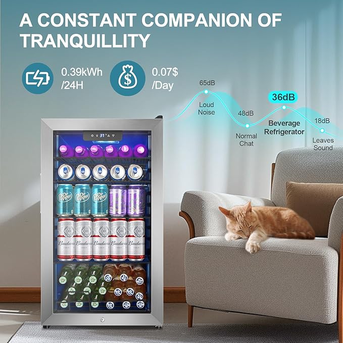 128 Cans Beverage Refrigerator Cooler, 3.2 Cu.Ft Mini Drink Fridge Glass Door for Drink Beer Soda Wine, Beer Fridge with 4 Removable Shelves for Kitchen Bedroom, Office Bar Gaming Room,Stainless Steel