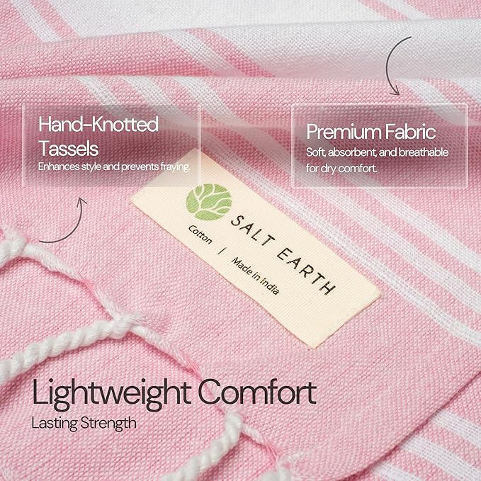 Salt Earth Cotton Turkish Beach Towel, Set of 4-36" X72" Large Bath Towels, Quick Dry Towel, Bathroom, Beach Essentials, Gym, Quick Dry for Shower, Lightweight Large Towels for All (Candy Pink)