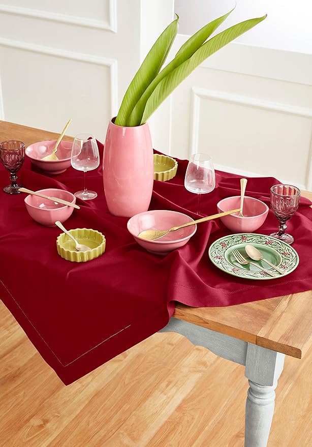 Solino Home Red Tablecloth 52 x 52 Inch - Cotton Linen Hemstitch Square Tablecloth - Machine Washable Table Throw for Winter, Valentines, Holiday, New Year