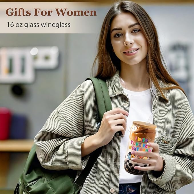 Funny Friendship Gifts for Women Bestie Gift for BFF, Friend, Coworkers, Work Besties - Birthday, Christmas, Office Home Use - I Wish You Lived Next Door- 16oz Glass Cup