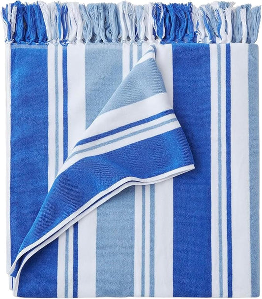 Laguna Beach Textile Co. Striped Cabana Beach Towel - Oversized, Plush 630 GSM Cotton - Bahama Blue