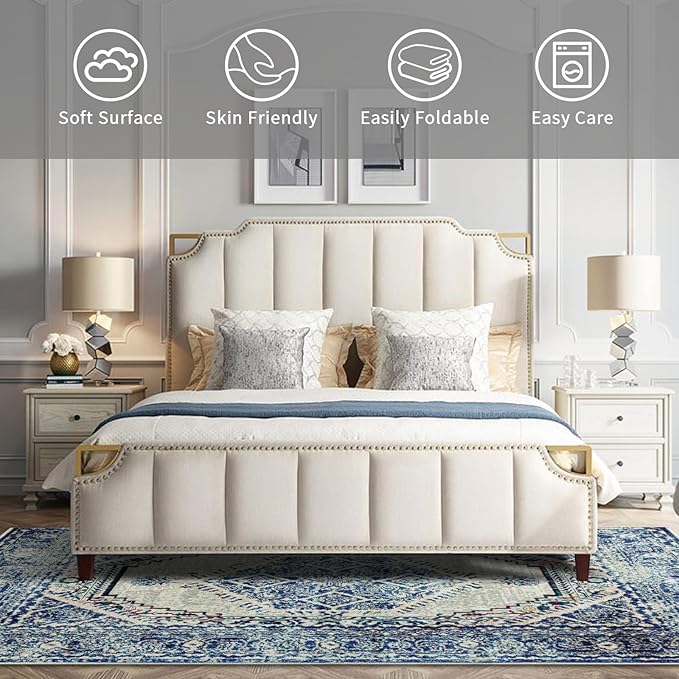 Easy-Going Area Rug 5x7 Washable Boho Rugs for Living Room Non-Slip Bedroom Rug Low Pile Lightweight Medallion Distressed Throw Rug for Dining Room Kitchen Home Office Carpet, Vintage Blue Cream