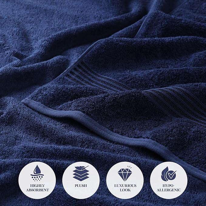 Superior Egyptian Cotton Bath Towel Set, Towels for Home Bathroom, Master, Guest Bath, Decor Essentials, Quick Dry, Absorbent, Large Body Towels, Spa, Hotel, Resort, Adult, Kids, Set of 4, Navy Blue