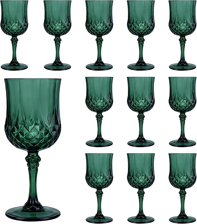 Plastic Wine Glasses，Plastic Goblets Vintage Style Cordial Drinking Glasses for Wedding Reception, Christmas Grand Event Party Supplies (12, Green)