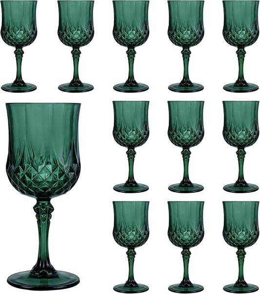 Plastic Wine Glasses，Plastic Goblets Vintage Style Cordial Drinking Glasses for Wedding Reception, Christmas Grand Event Party Supplies (12, Green)