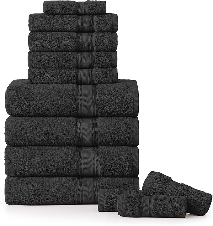 LANE LINEN 12 Pack Premium Towels for Bathroom – 100% Cotton, Zero Twist, 4 Bath, 4 Hand Towel & 4 Wash Cloths, Highly Absorbent, Remains Soft After Wash, Hotel & Spa Quality – Black