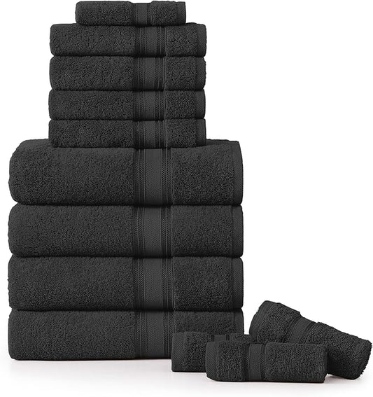 LANE LINEN 12 Pack Premium Towels for Bathroom – 100% Cotton, Zero Twist, 4 Bath, 4 Hand Towel & 4 Wash Cloths, Highly Absorbent, Remains Soft After Wash, Hotel & Spa Quality – Black