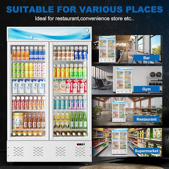 40 Cu.ft Commercial Beverage Refrigerators Glass Door Refrigerator Commercial Cooler with LED Light and 10 Shelves, Display Refrigerator for Restaurant Store Cafe Bar, White