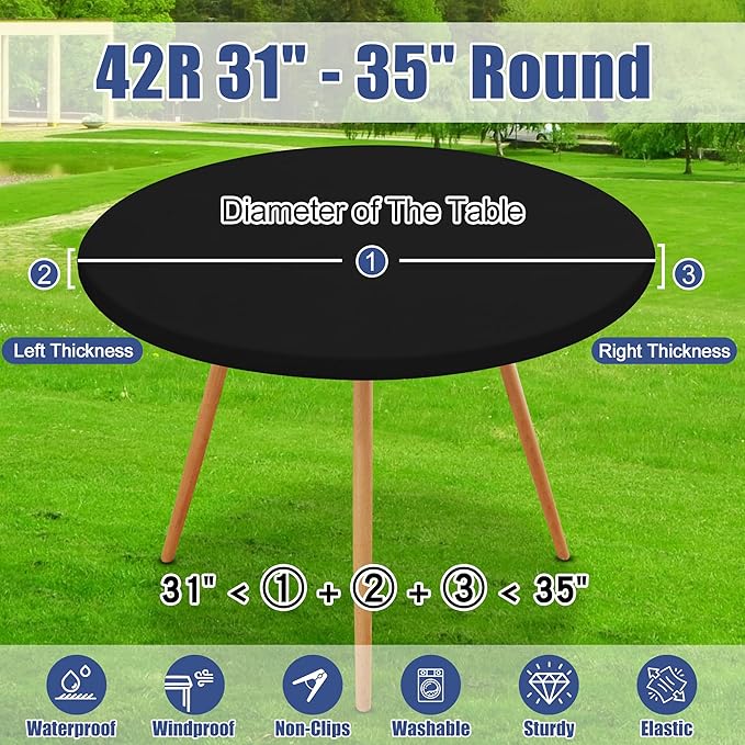 Round Spandex Tablecloth, Elastic Fitted Waterproof Tablecloths for 31"-35" Tables, Stretch Washable Picnic Table Cover for Camping, Dining, Indoor and Outdoor, Black