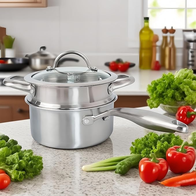 1.5 Quart Stainless Steel Saucepan with Steamer Basket, 18/10 Tri-ply Construction, Versatile Sauce Pan with glass Lid - Perfect for Cooking Gravies. Pasta, Vegetable and More