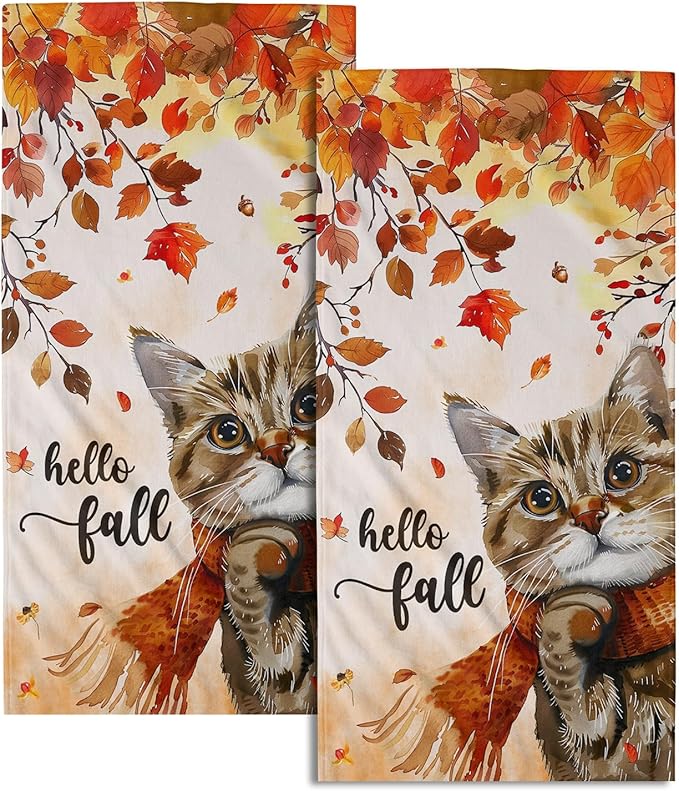 Imiss Fall Maple Leaf Hand Towels - Watercolor Cat Decorative Bathroom Towel Small Fingertip Towels Set of 2 Autumn Seasonal Guest Towels for Gym,Spa,Hotel