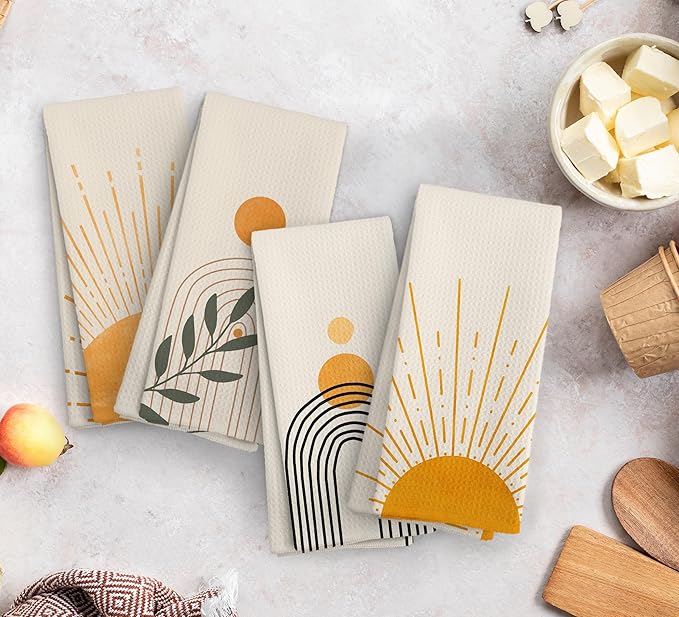 Boho Abstract Orange Sunshine Kitchen Towels and Dishcloths Set of 4, Boho Mid Century Modern Abstract Minimalist Sunshine Drying Cloth Hand Dish Tea Towels for Bathroom Kitchen, 16x24 Inches