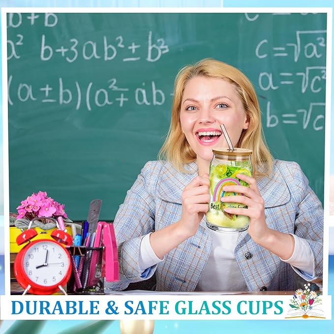 Layhit 12 Set Teacher Appreciation Gifts Glass Cups for Women Men 16 oz Thank You Drinking Cups for Teachers School Staff Can Shaped Glass with Lids Straws and Gift Boxes for Thanksgiving Christmas