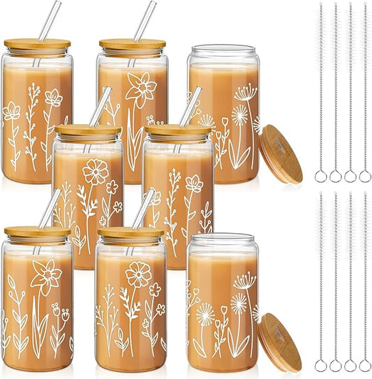 Mumufy Gift for Women Cute Glass Cup Tumbler Flower Iced Coffee Mugs 16 oz Glass with Bamboo Lid & Straw, Mothers Day Birthday Gift for Mom Sister Bridesmaid Baby Shower(8 Pack,Boho Floral)